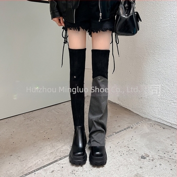 Μποτάκια πάνω από το γόνατο, βελούρι επάνω μέρος, καουτσούκ σόλα, στρογγυλή μύτη, πλαϊνό φερμουάρ