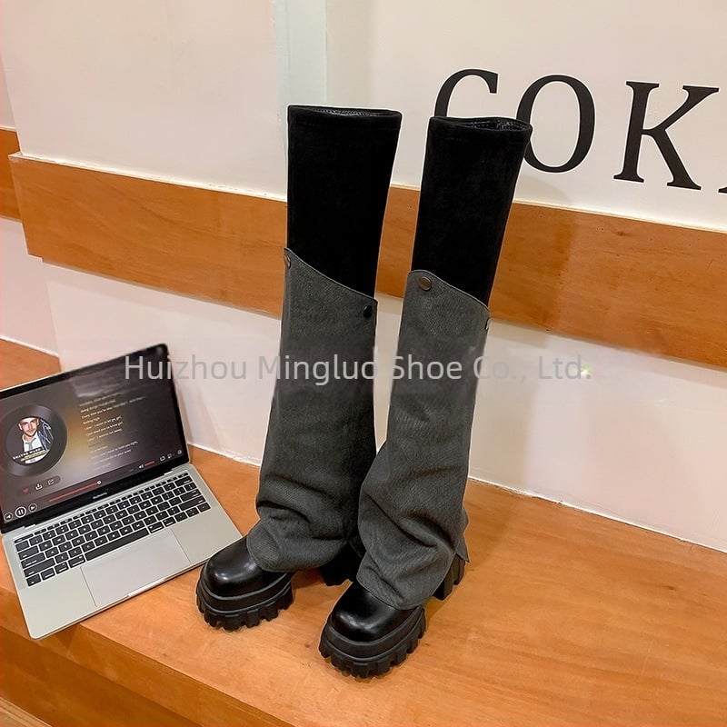 Μποτάκια πάνω από το γόνατο, βελούρι επάνω μέρος, καουτσούκ σόλα, στρογγυλή μύτη, πλαϊνό φερμουάρ