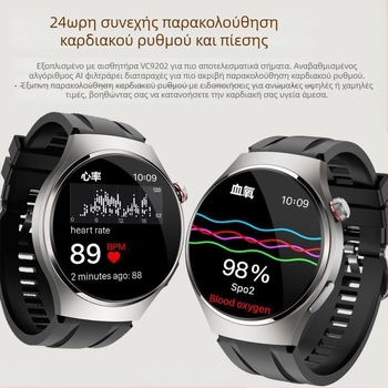 Έξυπνο ρολόι υγείας: μη επεμβατικός έλεγχος γλυκόζης, αρτηριακής πίεσης και σφυγμού, παρακολούθηση ύπνου και ουρικού οξέος/λιπιδίων (οθόνη TFT, περίβλημα από αλουμίνιο, ασύρματη φόρτιση, αυτονομία έως 7 ημέρες, καθημερινή αδιαβροχοποίηση).