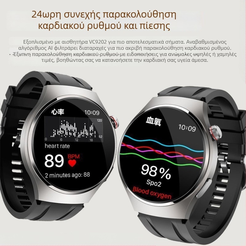 Έξυπνο ρολόι υγείας: μη επεμβατικός έλεγχος γλυκόζης, αρτηριακής πίεσης και σφυγμού, παρακολούθηση ύπνου και ουρικού οξέος/λιπιδίων (οθόνη TFT, περίβλημα από αλουμίνιο, ασύρματη φόρτιση, αυτονομία έως 7 ημέρες, καθημερινή αδιαβροχοποίηση).