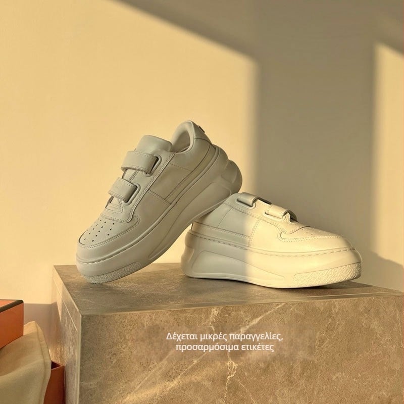 Γυναικεία δερμάτινα αθλητικά με παχιά σόλα από καουτσούκ, κλείσιμο Velcro και κορδόνια, αναπνευστικά, στρογγυλή μύτη