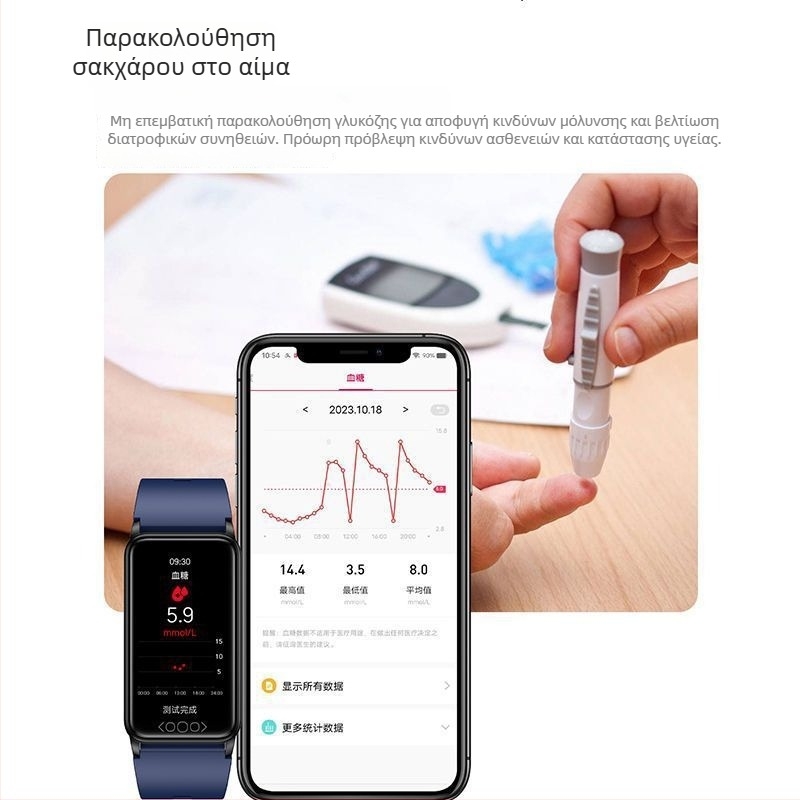 Έξυπνο βραχιόλι υγείας με ιατρικού επιπέδου παρακολούθηση: γλυκόζη αίματος, οξυγόνο, δυναμική αρτηριακή πίεση, ουρικό οξύ και θερμοκρασία σώματος