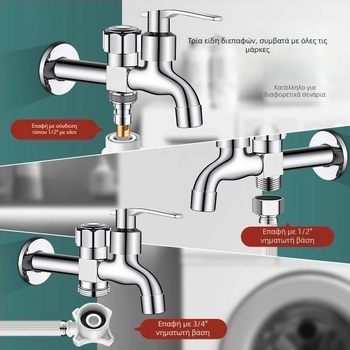 Βρύση πλυντηρίου με διπλό έξοδο, κράμα χαλκού, κεραμικός δίσκος βαλβίδας, ηλεκτροχρωμιωμένο φινίρισμα, εγκατάσταση με μανέτα