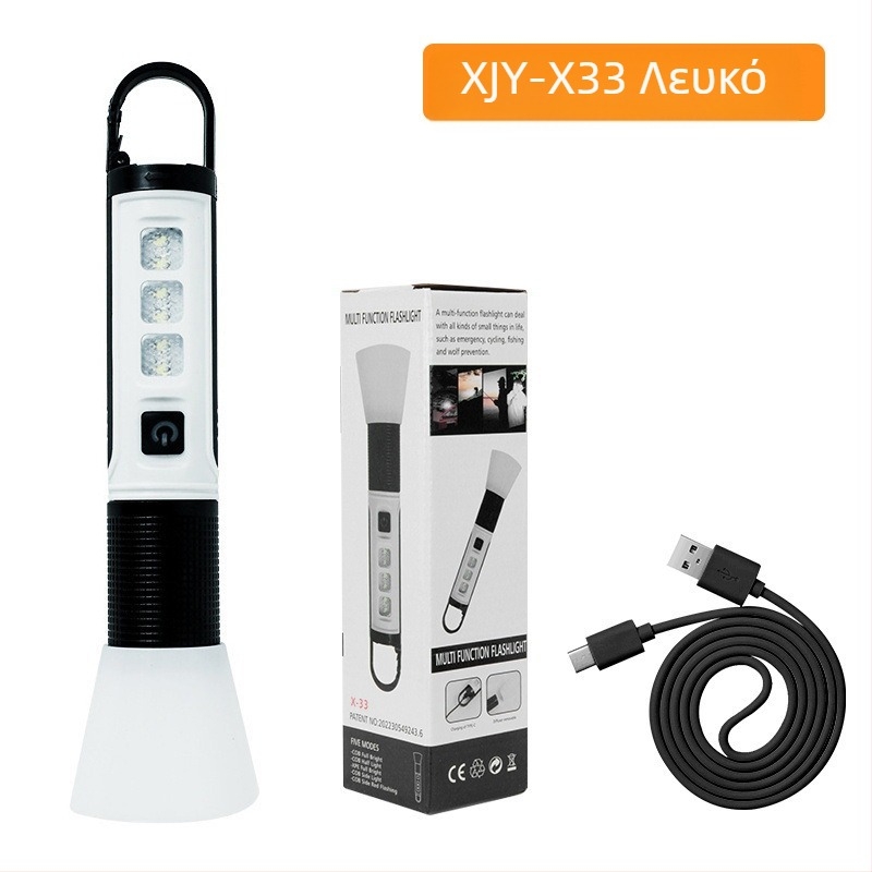 Xin Jiayi επαναφορτιζόμενος φακός LED για κάμπινγκ με COB πλευρικό φως — αλουμινένιο σώμα, μπαταρία 1200 mAh, εμβέλεια δέσμης >500 m, χειροκίνητη φόρτιση