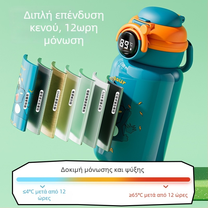 Θερμός κύπελλο με εσωτερικό από ανοξείδωτο χάλυβα 316, εξωτερικό από ανοξείδωτο χάλυβα 304, οθόνη θερμοκρασίας, καλαμάκι, σχέδιο κινουμένων σχεδίων για παιδιά