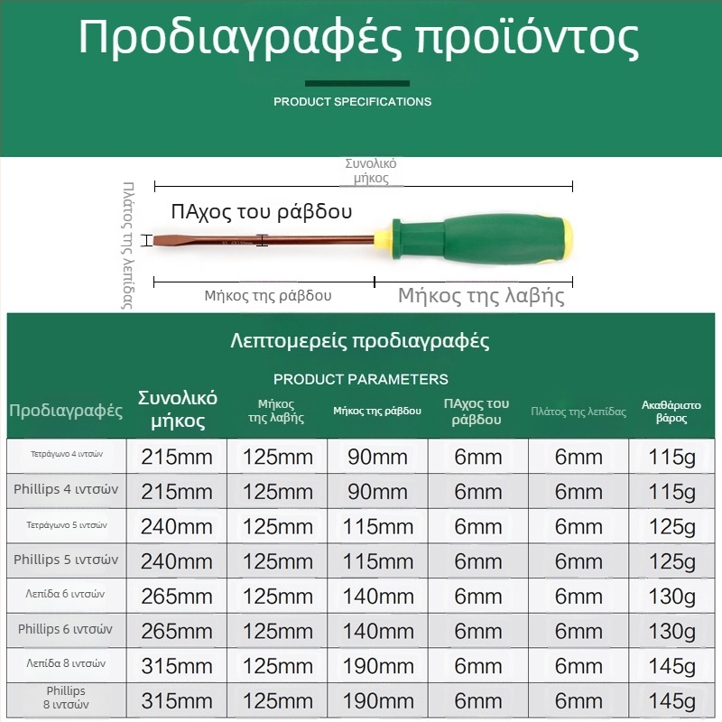 Συνδυασμένο κατσαβίδι με επίπεδη και σταυρή κεφαλή, μαγνητικό, από κράμα S2, μη μονωμένο, βάρος 100–150 g