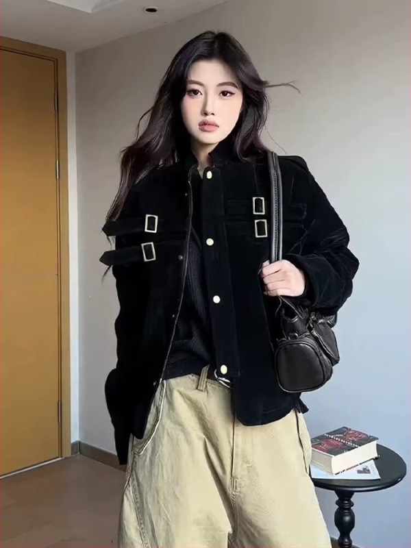 Γυναικείο μπουφάν velvet από deerskin, κοντής γραμμής, polo γιακάς, φερμουάρ, βαμβακο-πολυεστέρα ανάμειξη, 3D μοτίβο, χαλαρή εφαρμογή, φθινόπωρο 2025