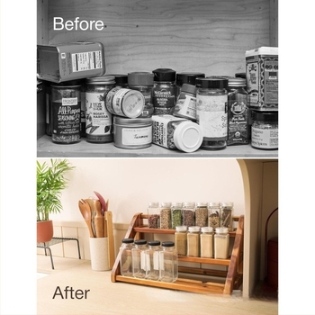 Ξύλινη ραφιέρα για μπαχαρικά σε επιφάνειας εργασίας — Πολυεπίπεδος οργανωτής κουζίνας, Μινιμαλιστικό στυλ, Εγκατάσταση χωρίς διάτρηση