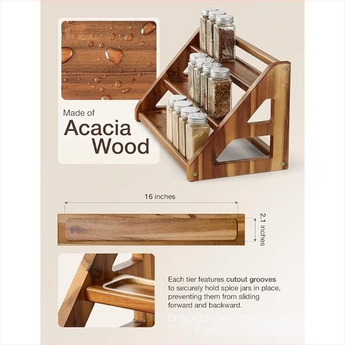 Ξύλινη ραφιέρα για μπαχαρικά σε επιφάνειας εργασίας — Πολυεπίπεδος οργανωτής κουζίνας, Μινιμαλιστικό στυλ, Εγκατάσταση χωρίς διάτρηση