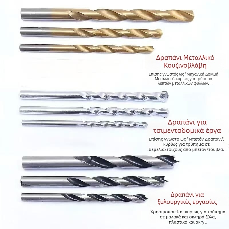 Σετ 9 τεμαχίων στριφτών τρυπανιών με ίσιο άξονα για τρύπες σε σίδηρο, τσιμέντο και ξύλο – μίξη σετ για ξυλουργική