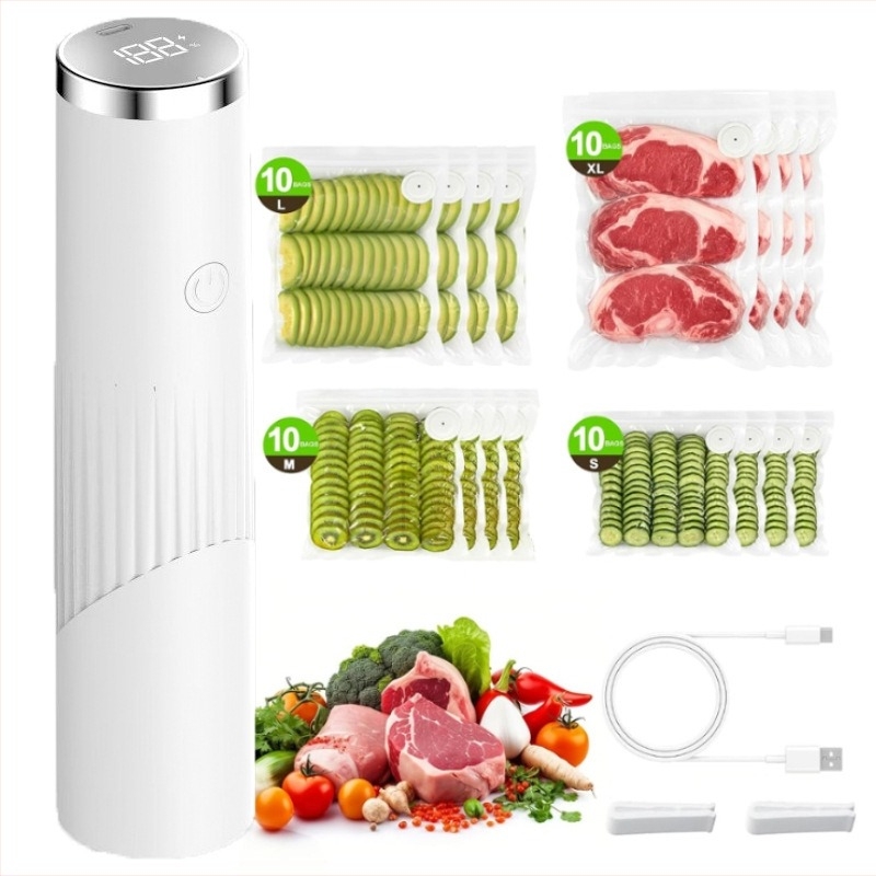 Φορητός σακκούλης κενού για τρόφιμα με σακούλα αποθήκευσης, USB τροφοδοσία, ABS περίβλημα, χωρητικότητα <500 ml, 5W, 3.7V, έλεγχος αφής, κενού και σφράγισης