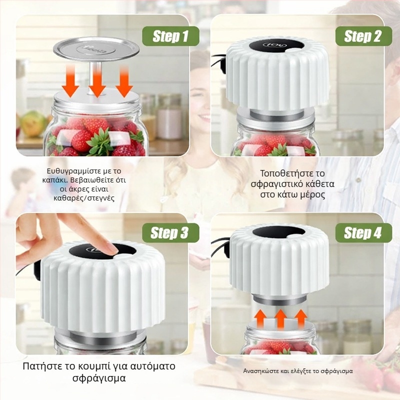 Συσκευή κενού σφράγισης Mason jar, USB τροφοδοσία, ABS περίβλημα, 5W, 3.7V, χωρητικότητα 500–1000 ml