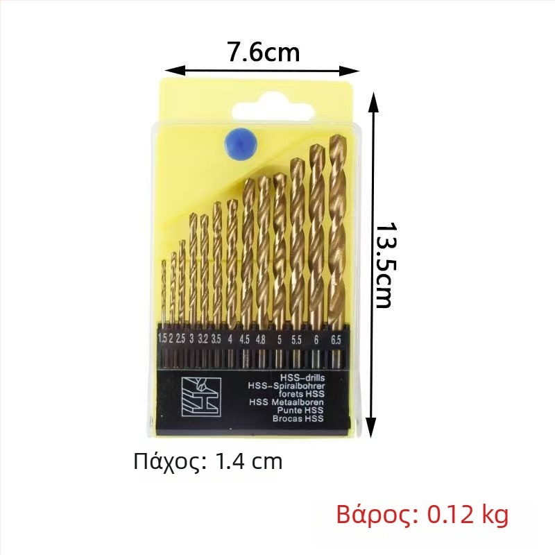 Σετ 13 τρυπάνια σπειροειδή με επίστρωση τιτανίου, με στρογγυλή λαβή, πλήρως γυαλισμένα.