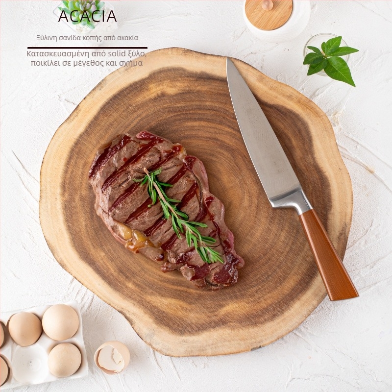 Ξύλινη σανίδα κοπής από Ακακία, ακανόνιστης μορφής, στρογγυλή, διπλής όψεως, κατάλληλη για φρούτα και κρέας
