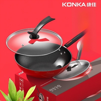 Γουόκ Konka από σίδηρο με αντικολλητική επίστρωση, καπάκι από tempered γυαλί, με βάση μονής κατασκευής, συμβατό με όλες τις εστίες