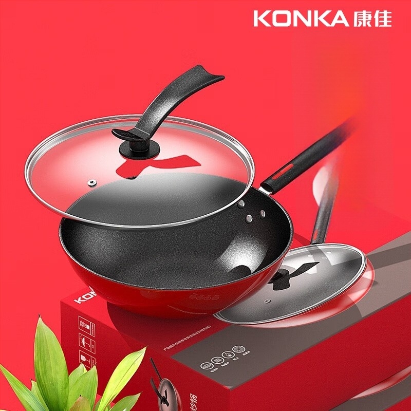 Γουόκ Konka από σίδηρο με αντικολλητική επίστρωση, καπάκι από tempered γυαλί, με βάση μονής κατασκευής, συμβατό με όλες τις εστίες