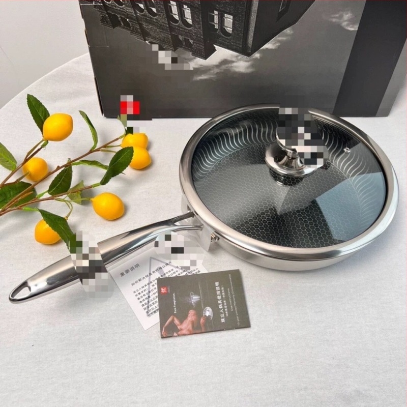 Τηγάνι από ανοξείδωτο χάλυβα 316 με διπλό κυψελωτό σχέδιο, γάντζος για κρέμασμα, συμβατό με επαγωγική εστία, αντικολλητικό, τριπλής στρώσης βάση