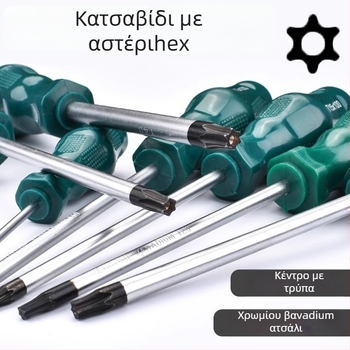Σετ Torx κατσαβιδιών με οπή για κρέμασμα, T10–T30, χρωμιοβάνιο ατσάλι, μονωμένο, μαγνητικό, πλαστική λαβή