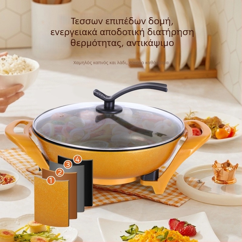 Πολυλειτουργική ηλεκτρική κατσαρόλα με αντικολλητική επίστρωση, κράμα αλουμινίου, 220V, 1360W, γυάλινο καπάκι, βάθος 9 cm, λειτουργίες: ατμός, σωτάρισμα, τηγάνισμα, βράσιμο, στιφάδο