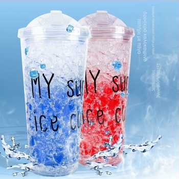 Απομονωμένο πλαστικό κύπελλο με καλαμάκι, γέλη διπλού στρώματος ψύξης, 550 ml, με μεταξοτυπία