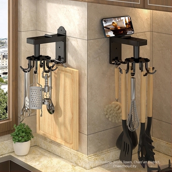 Κουζίνας τοίχος περιστρεφόμενος ράγα με γάντζους για σπάτουλες και κουτάλες, πολυλειτουργικό χωρίς διάτρηση, 3+ σειρές γάντζων, 5–10 kg, υλικά ABS πλαστικό/άνθρακα χάλυβας/αλουμίνιο