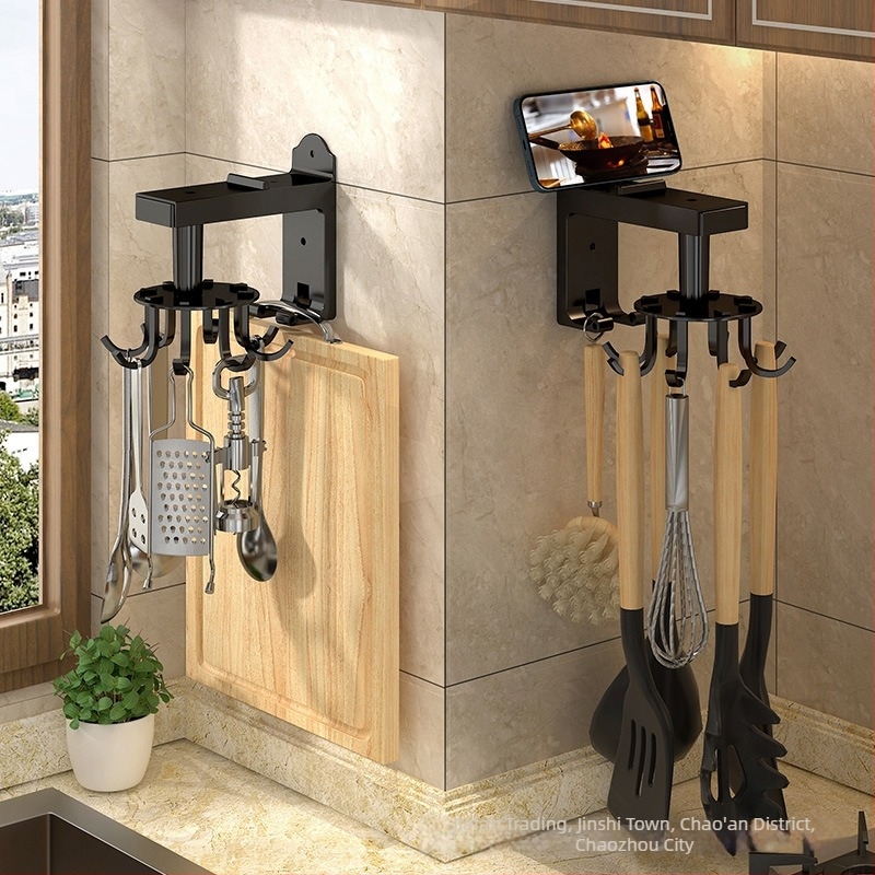 Κουζίνας τοίχος περιστρεφόμενος ράγα με γάντζους για σπάτουλες και κουτάλες, πολυλειτουργικό χωρίς διάτρηση, 3+ σειρές γάντζων, 5–10 kg, υλικά ABS πλαστικό/άνθρακα χάλυβας/αλουμίνιο