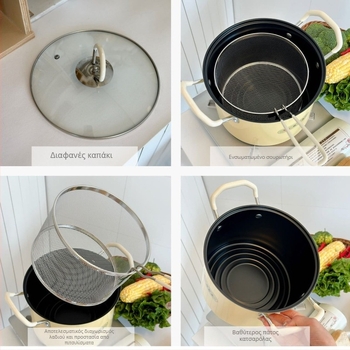 Πολυλειτουργική κατσαρόλα για τηγάνισμα και βράσιμο, από επεξεργασμένο σίδηρο, γυάλινο καπάκι, αντικολλητική επίστρωση, μοντέλο NYZGD