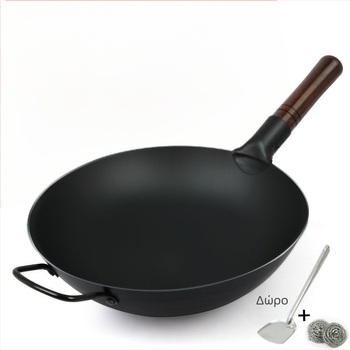 Γουόκ από χυτοσίδηρο σε κλασικό παχύ σχήμα, χυτή κατασκευή χωρίς επίστρωση με αντικολλητικές ιδιότητες, καπάκι από ανοξείδωτο ατσάλι με γυάλινο πάνελ, κατάλληλο για γκάζι