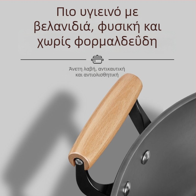 Γουόκ από χυτοσίδηρο με βαθιές πλευρές, διπλές λαβές, μη επικαλυμμένη επιφάνεια, γυάλινο καπάκι, συμβατό με όλες τις εστίες
