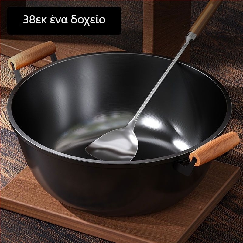 Γουόκ από χυτοσίδηρο με βαθιές πλευρές, διπλές λαβές, μη επικαλυμμένη επιφάνεια, γυάλινο καπάκι, συμβατό με όλες τις εστίες