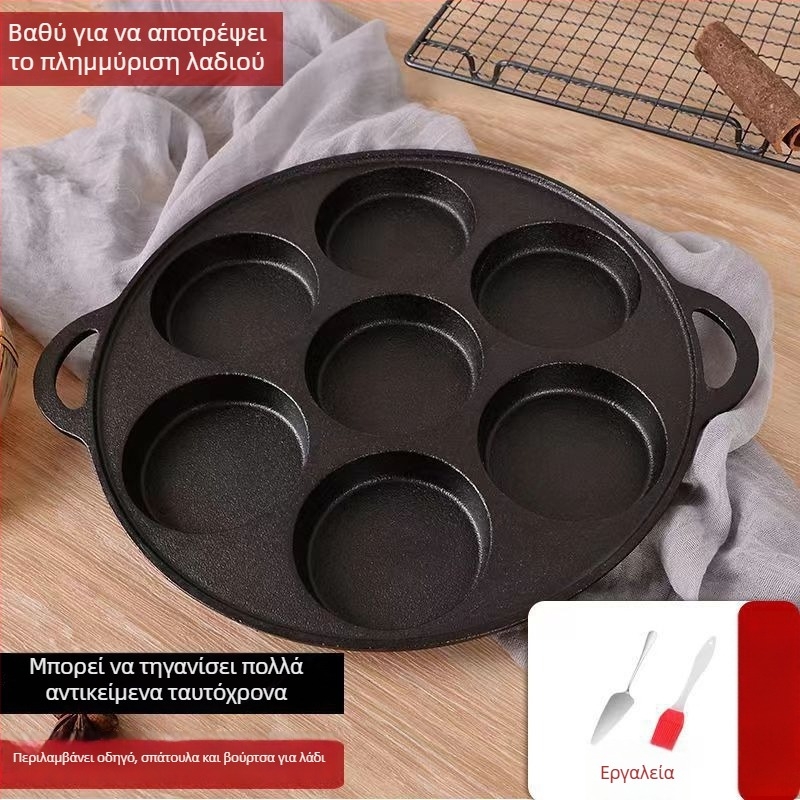 Τηγάνι από χυτοσίδηρο με μη-κολλητική επίστρωση — Μοντέλο XLF-JP; Λειτουργία: φόρμα για μπέργκερ, ψωμί, τηγανητό αυγό και κέικ; Βάρος: 2,6 κιλά