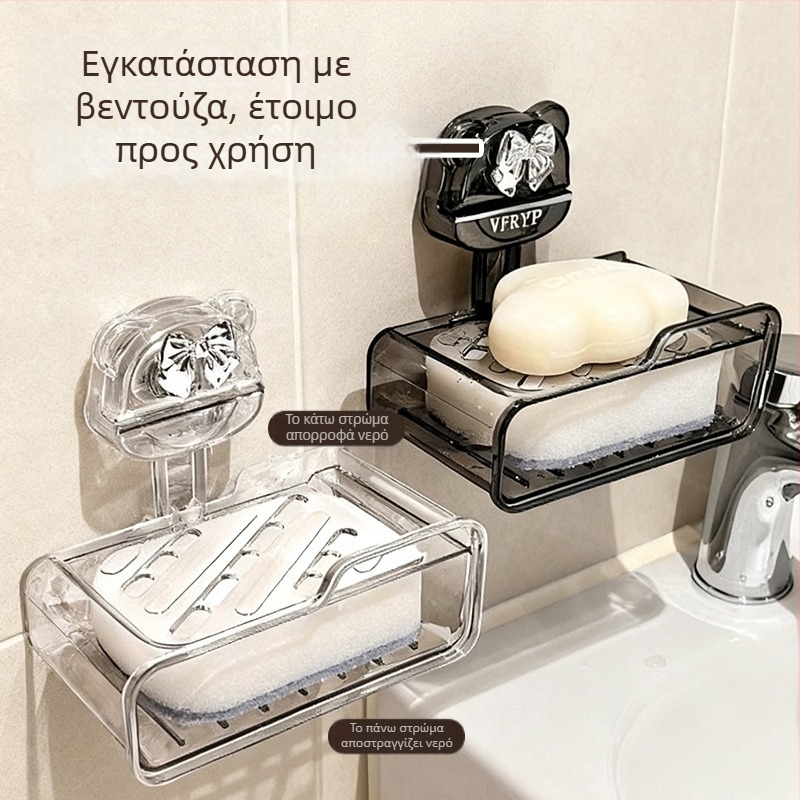Δοχείο σαπουνιού τοίχου με ισχυρή βεντούζα, χωρίς διάτρηση, για μπάνιο, αποστραγγιστικός δίσκος σαπουνιού υψηλής ποιότητας