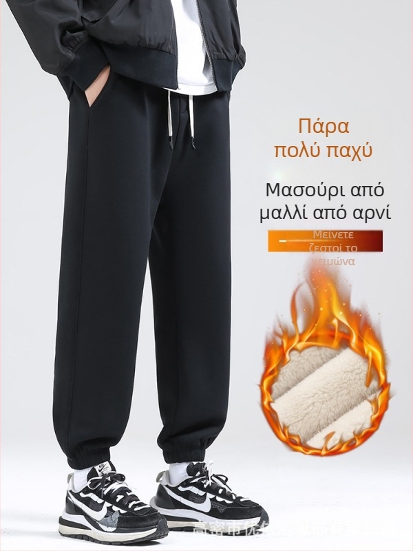 Ανδρικά χειμερινά παντελόνια από βαμβάκι με φλις επένδυση, άνετη γραμμή, μεσαία μέση, κορδόνι στη μέση, μανσέτες στους αστραγάλους, τσέπες με διακοσμητικά στοιχεία