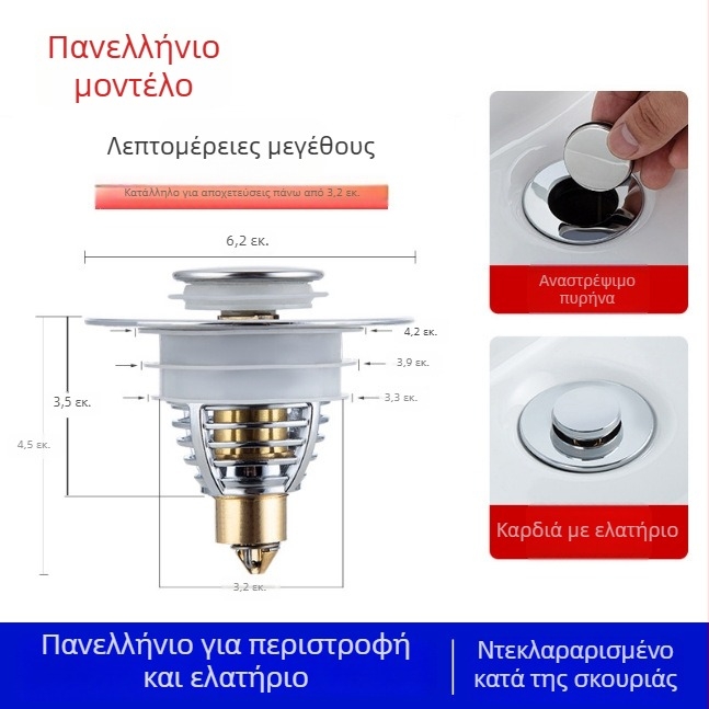 Ανοξείδωτος φίλτρο αποχέτευσης νεροχύτη – τοποθέτηση με πίεση, κατά του φράγματος