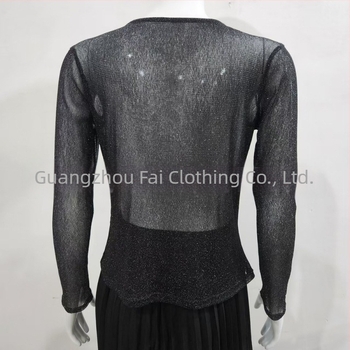 Top με διχτυωτή ύφανση από Tencel Blend, μακριά μανίκια, στρογγυλός λαιμός, Slim Fit, Off-Shoulder Ευρώπη-Αμερική στυλ