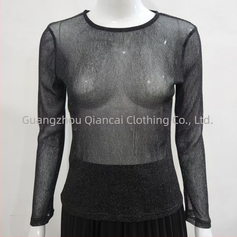 Top με διχτυωτή ύφανση από Tencel Blend, μακριά μανίκια, στρογγυλός λαιμός, Slim Fit, Off-Shoulder Ευρώπη-Αμερική στυλ