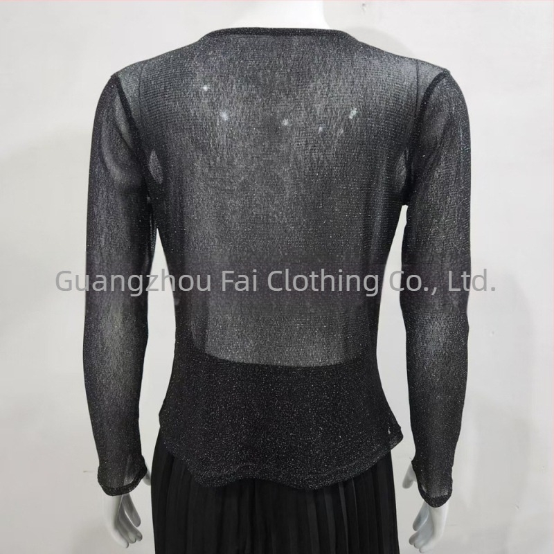 Top με διχτυωτή ύφανση από Tencel Blend, μακριά μανίκια, στρογγυλός λαιμός, Slim Fit, Off-Shoulder Ευρώπη-Αμερική στυλ