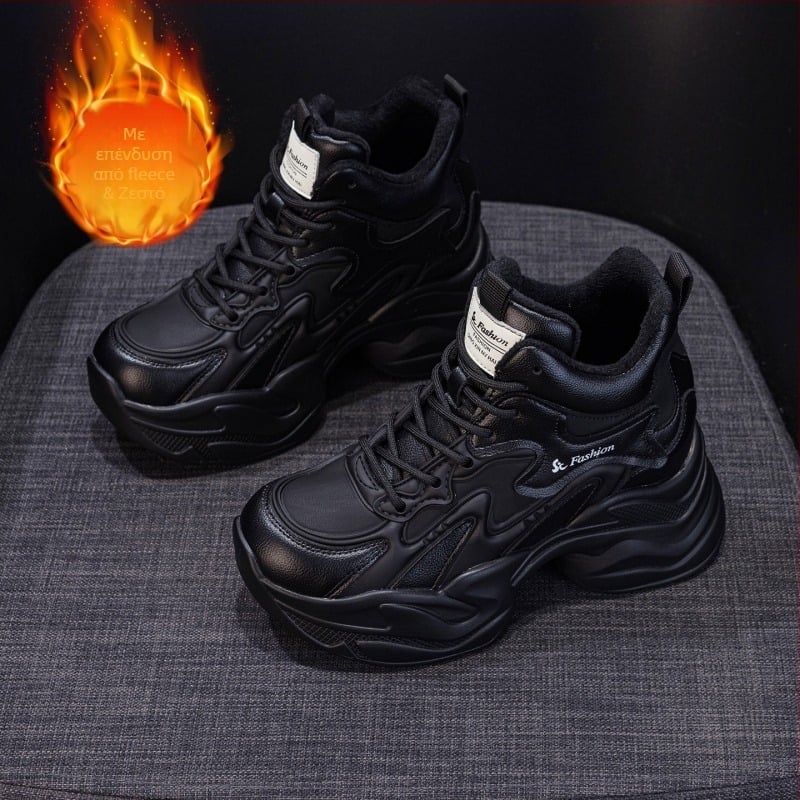 Γυναικεία παπούτσια σε στυλ dad shoes, στρογγυλή μύτη, παχιά κωνική σόλα, κορδόνια, αύξηση ύψους