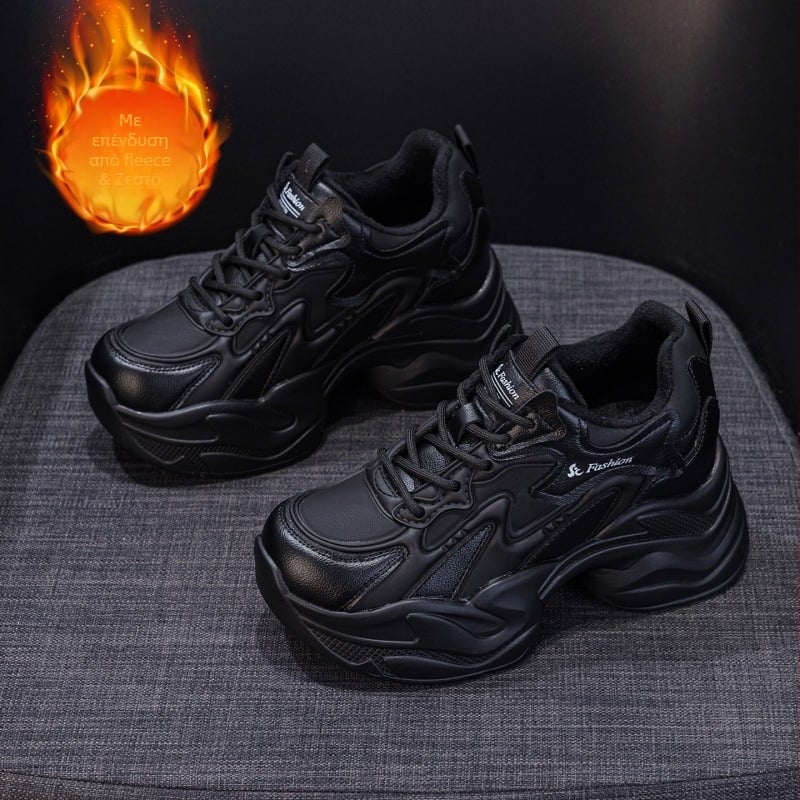 Γυναικεία παπούτσια σε στυλ dad shoes, στρογγυλή μύτη, παχιά κωνική σόλα, κορδόνια, αύξηση ύψους