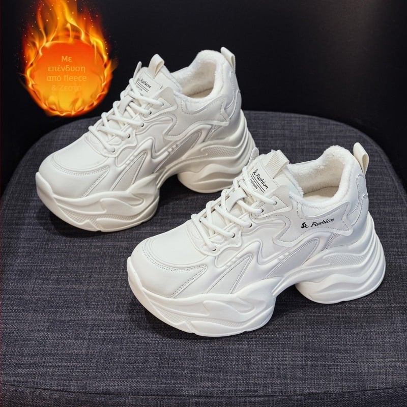 Γυναικεία παπούτσια σε στυλ dad shoes, στρογγυλή μύτη, παχιά κωνική σόλα, κορδόνια, αύξηση ύψους