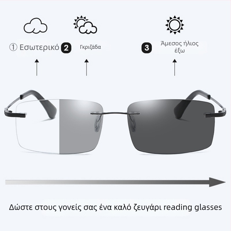 Ανδρικά γυαλιά χωρίς σκελετό για πρεσβυωπία με αυτόματο ζουμ, προοδευτικά πολυεστιακά, φακοί PC, αντι-μπλε φως
