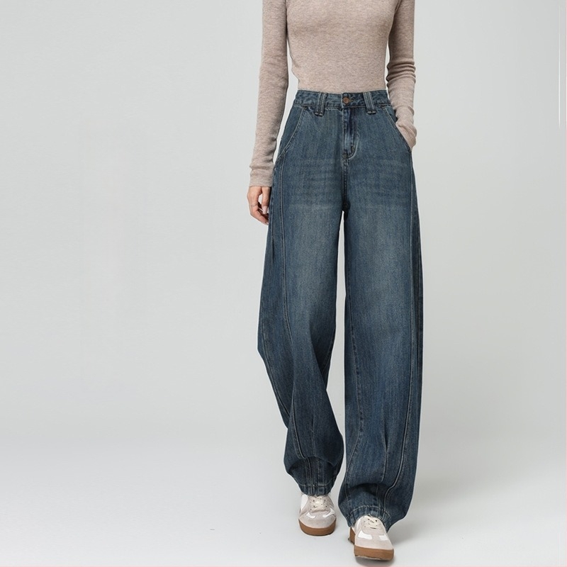 Φαρδιές παντελόνια τζιν με φλις επένδυση, ψηλή μέση, παχύτερο ύφασμα; μίξη βαμβακιού και πολυεστέρα