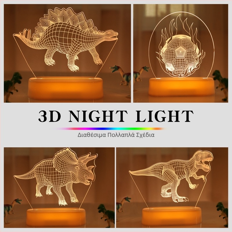 3D ακρυλικό νυχτερινό φως με δεινόσαυρο για γραφείο — λαμπτήρας ζώου σε στυλ καρικατούρας, εσωτερική μπαταρία και διακόπτης κουμπιού, τάση ≤36V