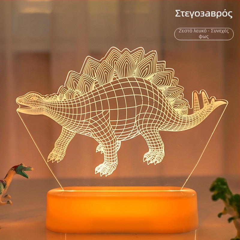 3D ακρυλικό νυχτερινό φως με δεινόσαυρο για γραφείο — λαμπτήρας ζώου σε στυλ καρικατούρας, εσωτερική μπαταρία και διακόπτης κουμπιού, τάση ≤36V