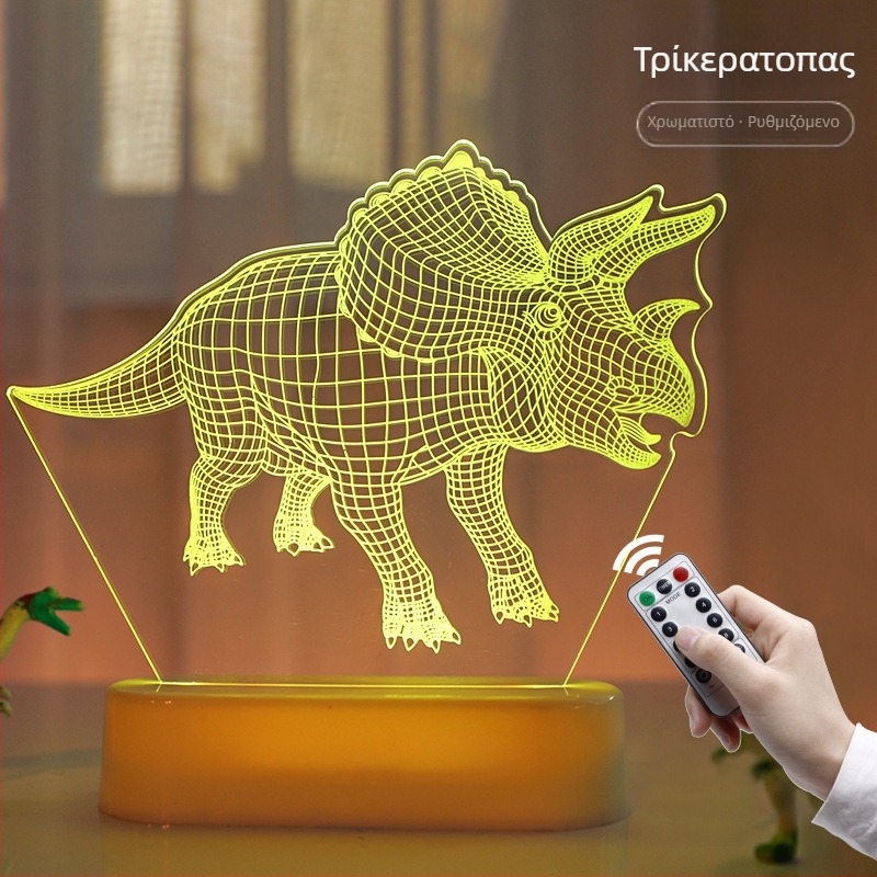 3D ακρυλικό νυχτερινό φως με δεινόσαυρο για γραφείο — λαμπτήρας ζώου σε στυλ καρικατούρας, εσωτερική μπαταρία και διακόπτης κουμπιού, τάση ≤36V