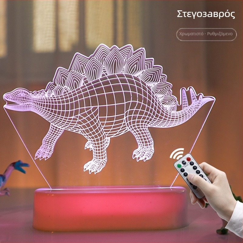 3D ακρυλικό νυχτερινό φως με δεινόσαυρο για γραφείο — λαμπτήρας ζώου σε στυλ καρικατούρας, εσωτερική μπαταρία και διακόπτης κουμπιού, τάση ≤36V