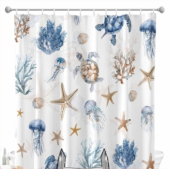 Κουρτίνα ντους - Ωκεανοϊκή θεματολογία με αστερία και θαλάσσια χελώνα, ψηφιακή εκτύπωση, 90 g αδιάβροχο πολυεστέρα, προσαρμόσιμη