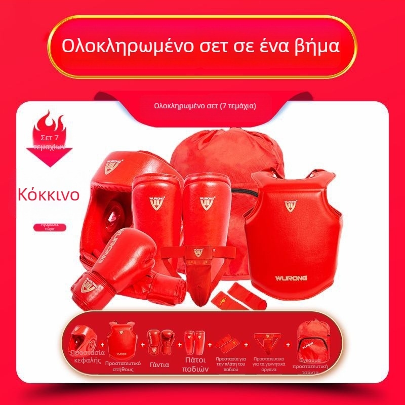 Ολόκληρο σετ προστατευτικού εξοπλισμού Sanda για ενήλικες προπονήσεις πυγμαχίας — Προστατευτικά κεφαλής, θώρακα, προστατευτικά ποδιών και ώμων; Υλικό: πολυεστέρας; Περιοχές προστασίας: γάμπα, ώμος, γόνατο, αστράγαλος; Κωδικός προϊόντος: ZJ-1016