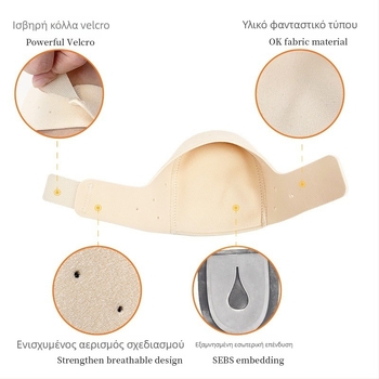 Κάλυμμα φτέρνας με βέλκρο, ρυθμιζόμενος σιλικονοειδής αποσβεστήρας κραδασμών και ανυψωτικός πάτος φτέρνας; Υλικό: ύφασμα, SBR, σιλικόνη; Συμβατό με αθλητικά, δερμάτινα, μποτάκια, σανδάλια