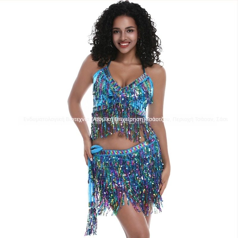 Κοστούμι σκηνής για pole dance και belly dance, με παγιέτες και φούντες, chiffon ύφασμα, νάιλον 50–70%, Άνοιξη 2025